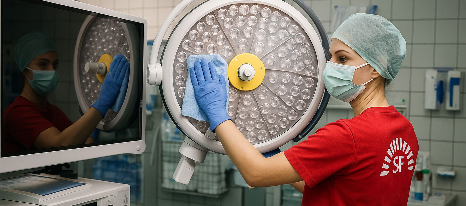 eine Reinigungskraft reinigt die OP Lampe