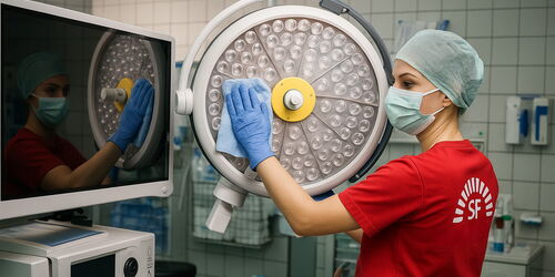 eine Reinigungskraft reinigt die OP Lampe